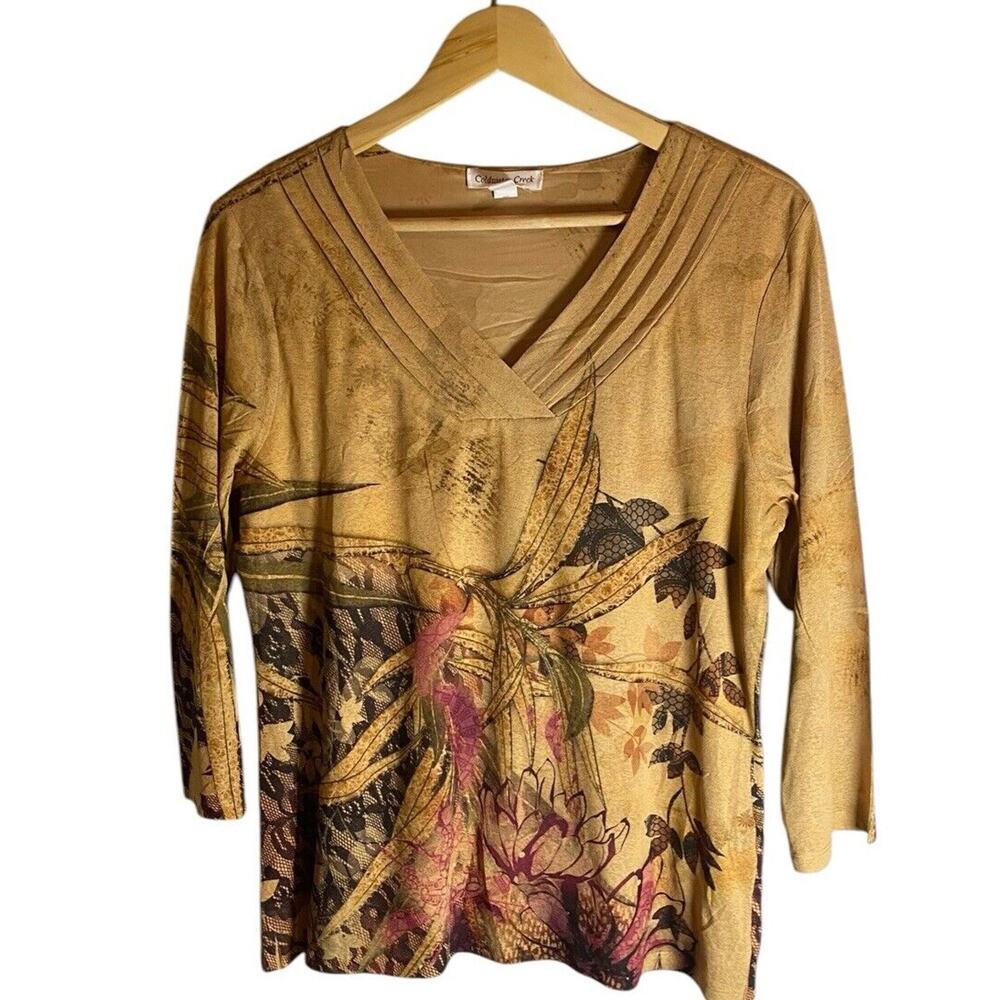Coldwater Creek Tawny Tan Floral Art-to-Wear Japanese Knit Blouse Size Large